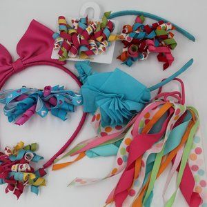 11 pieces Matching Girls Pink & Blue Hair Bows, Ribbons and Headbands-Polka Dots